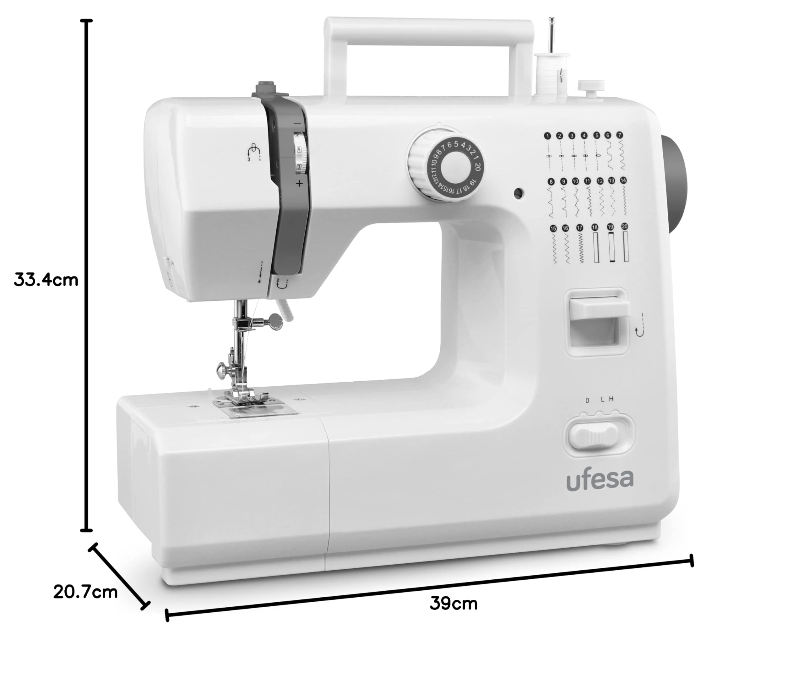 Ufesa SW2002 Deluxe Macchina da Cucire con 20 punti, 2 velocità, Luce per Cucire, Pedale/Interruttore manuale, 12 V di potenza