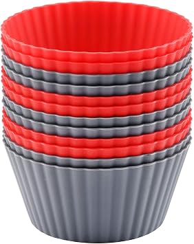 12 Pack Reusable Nonstick Jumbo Silicone Baking Cups, Cupcake and Muffin Liners, 3.8 Inch Large Size, Red and Gray Colors, Round
