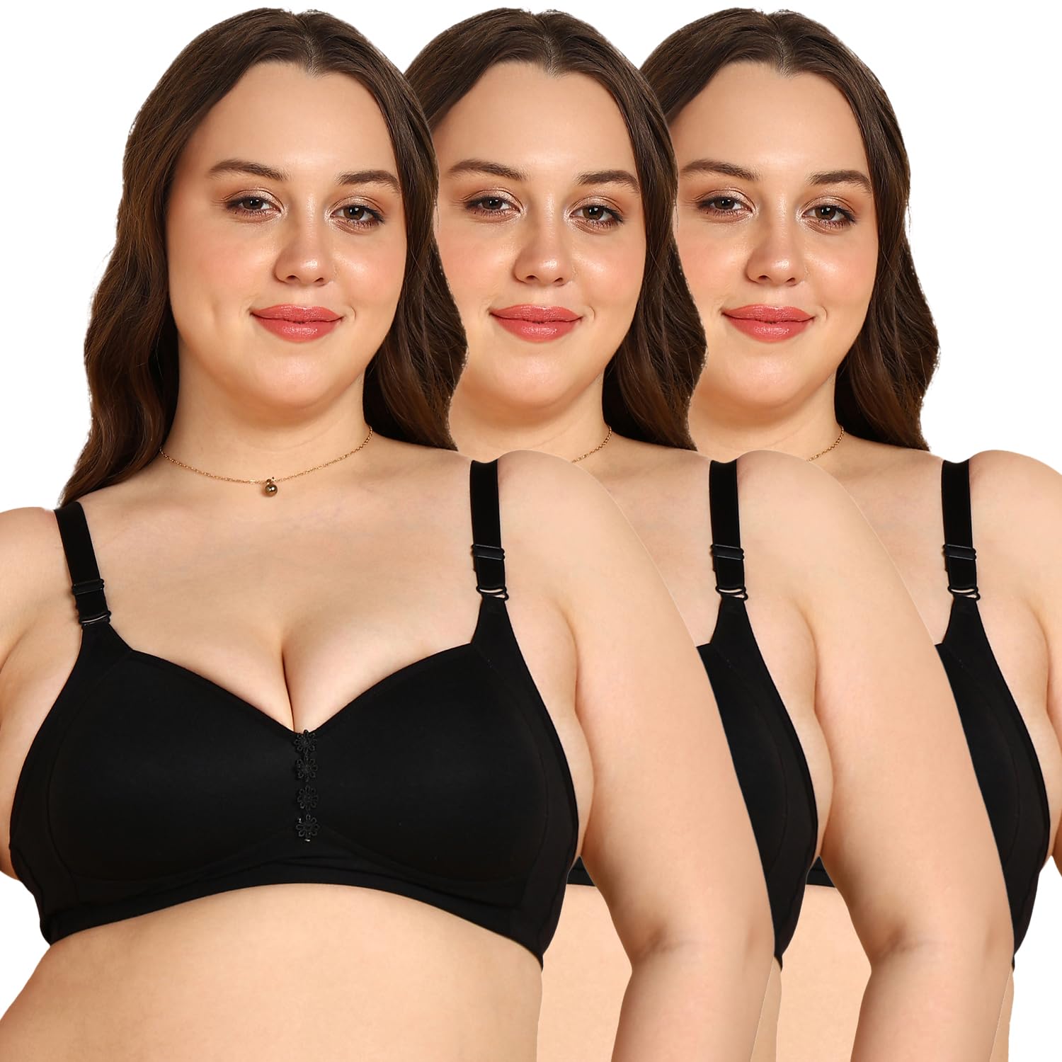 komli Lightly Padded Everyday Minimiser Bra | Full Coverage | Wire-Free Support | Adjustable Straps | Hook & Eye Closure | Plus Size Fit (Pack of 3)-picture-51