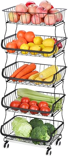 Toplife Cesta de frutas de 5 niveles para cocina, carrito de almacenamiento de frutas, verduras y aperitivos con ruedas, soporte organizador para