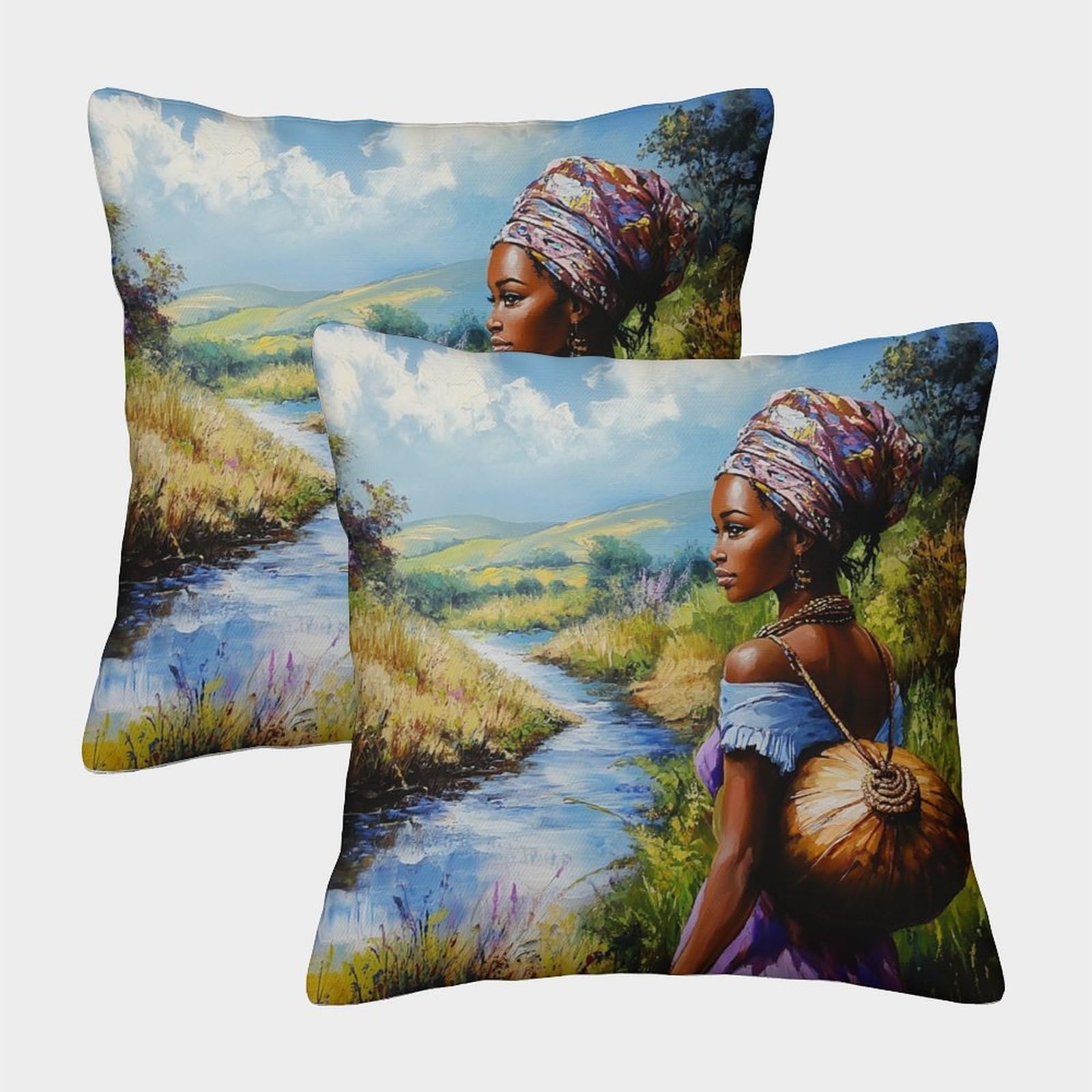 kaiyun 2 Pack 3D African Girl Carrying A Gourd to The River to Fetch Water Cushion 3D Oil Painting Style Soft Touch Pillowcase,sofa Chair Home Furnishings 50x50cm