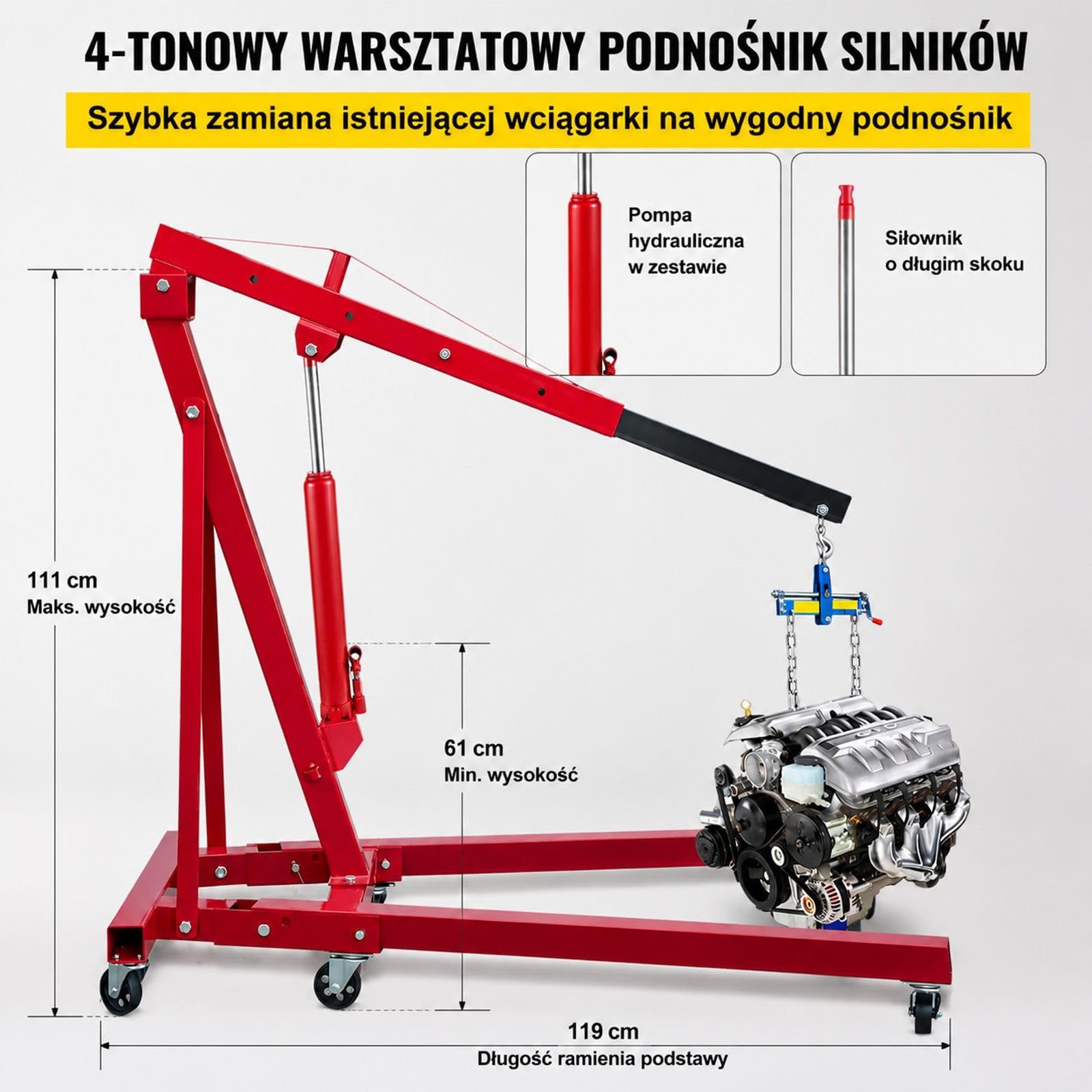 Czerwony hydrauliczny podnośnik słupkowy 4 t ze stalowym cylindrem, pompą jednotłokową, płaską podstawą i uchwytem do żurawi garażowych i warsztatowych