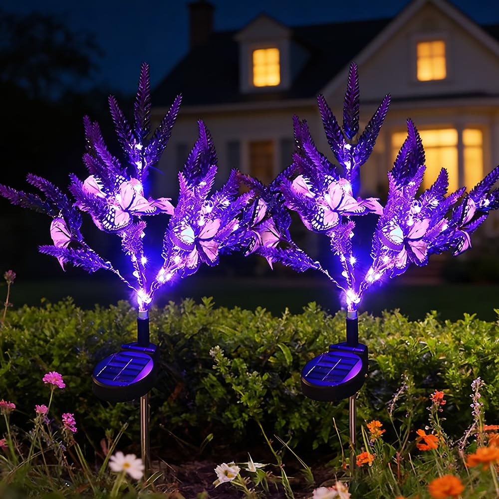 Yofhpt Warm White Light 2Pcs Butterfly Solar Lights Outdoor Garden, Purple Lavender Solar Flower Lights, So-Lar Lig-Hts Outdoor Garden Stake, So-Lar Pathway Lig-Hts Butterfly For Yard Patio Pathway Lawn Courtyard