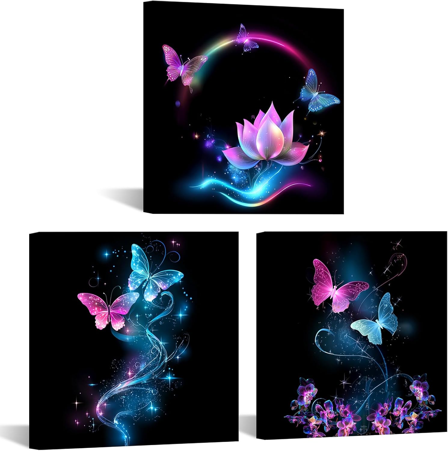 iKNOW FOTO Canvas Set of 3 Abstract Purple Butterfly Wall Art Flower Painting on Canvas Contemporary Artwork for Bathroom Bedroom Wall Decor Ready to Hang Each Size 12x12inch