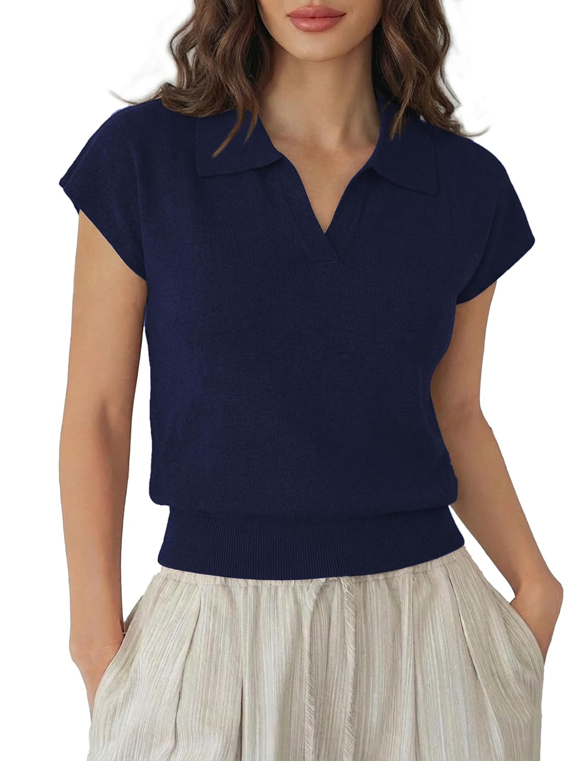 LaGracia Short Sleeve Sweater for Women Wool Blend Collared Cap Sleeve Pullover Polo Sweaters Summer Crop Tops