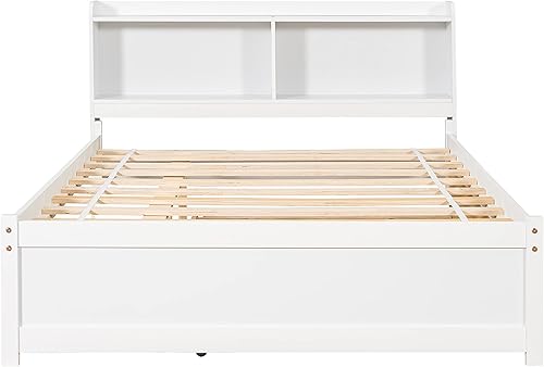 Miniatura 5 de P PURLOVE Cama de plataforma de madera con nido y estantería, marco de cama de plataforma completa, no necesita somier (tamaño matrimonial, blanco)