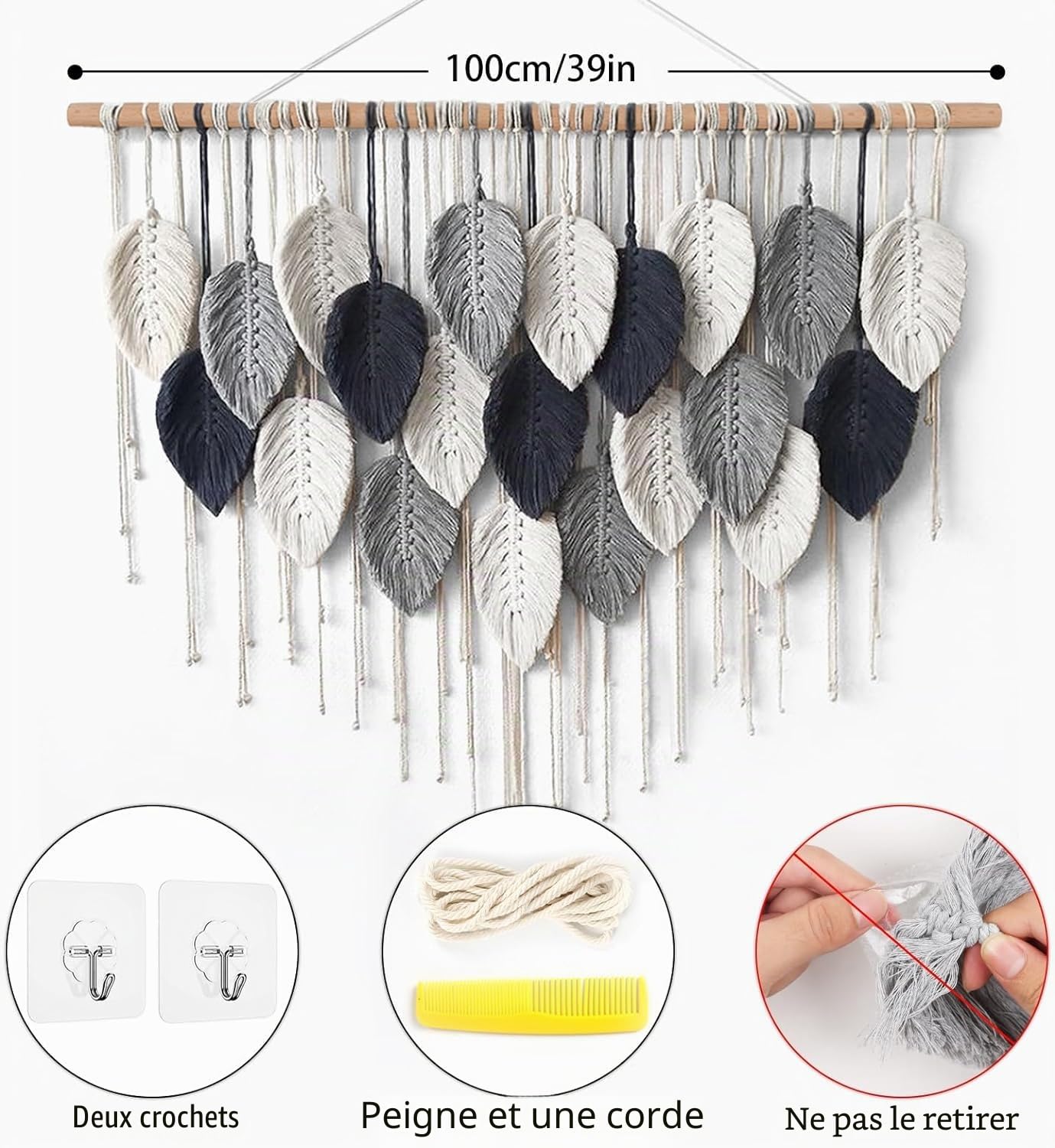 Weldomcor Grande Tapisserie Murale en Macramé à Plumes Style BohèMe Chic Faite à la Main Feuilles Tissées Pour déCoration de Chambre à Coucher Salon Appartement Porche, 100cm