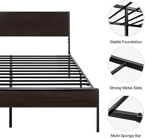 Miniatura 6 de Allewie Base de cama tamaño Queen con cabecera y estribo de madera, marco de cama de plataforma de metal resistente, no necesita somier, color negro