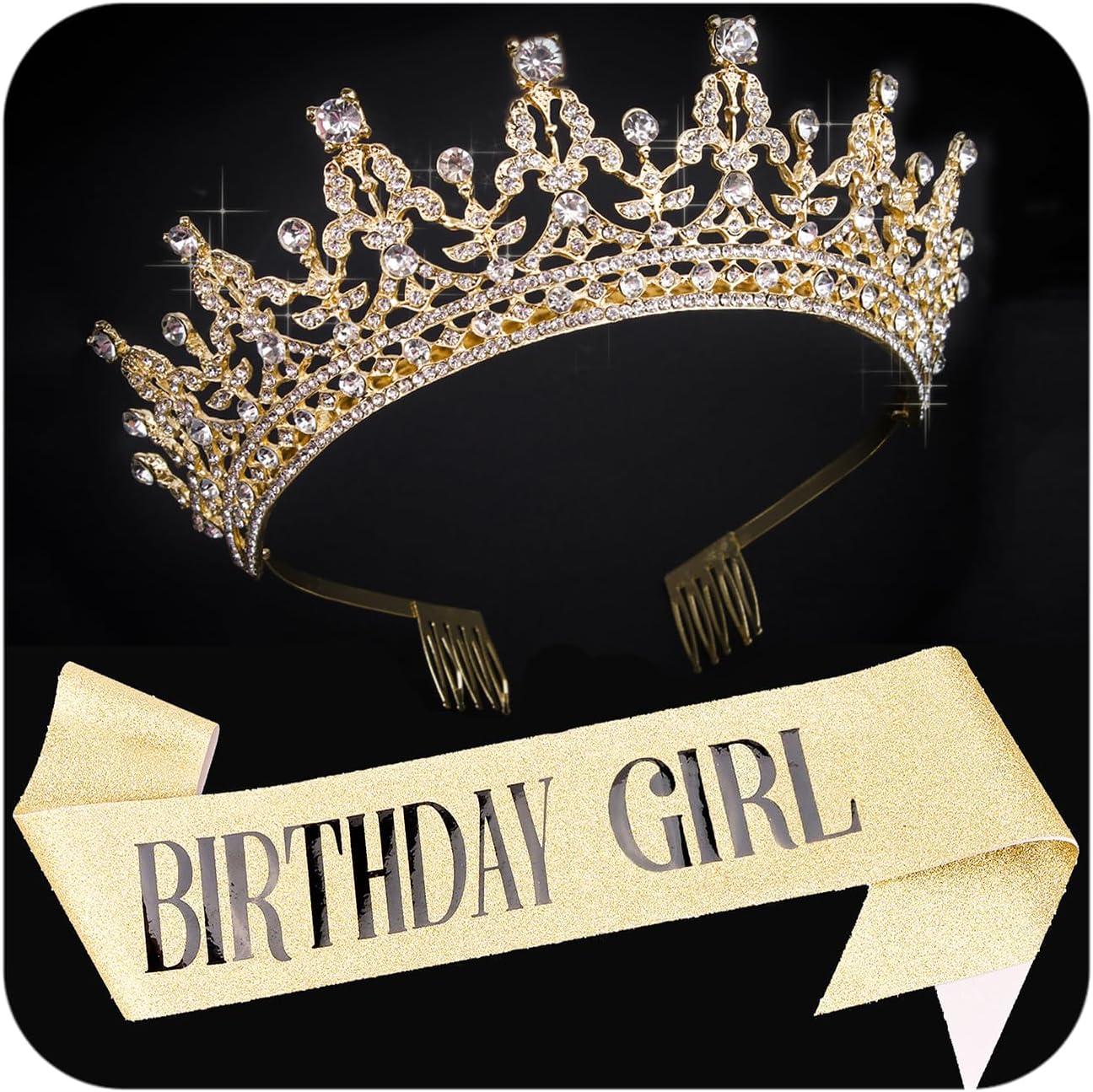 COCIDE Tiara and Crown Set - Women's Rhinestone Headband, Girls' Birthday Sash, Crystal Hair Accessories, Cake Toppers