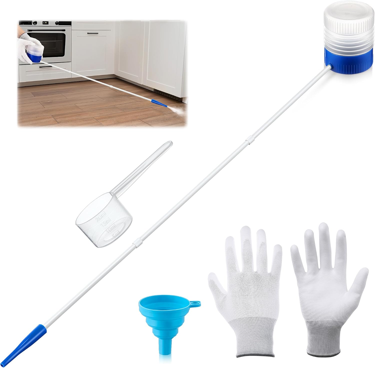 Adjustable 12'' to 36'' Diatomaceous Earth Powder Duster Kit, Diatomaceous Earth Dust Applicator with Scoop, 14g Funnel & Protective Gloves, Powder Sprayer for Indoor Outdoor Use (Blue)