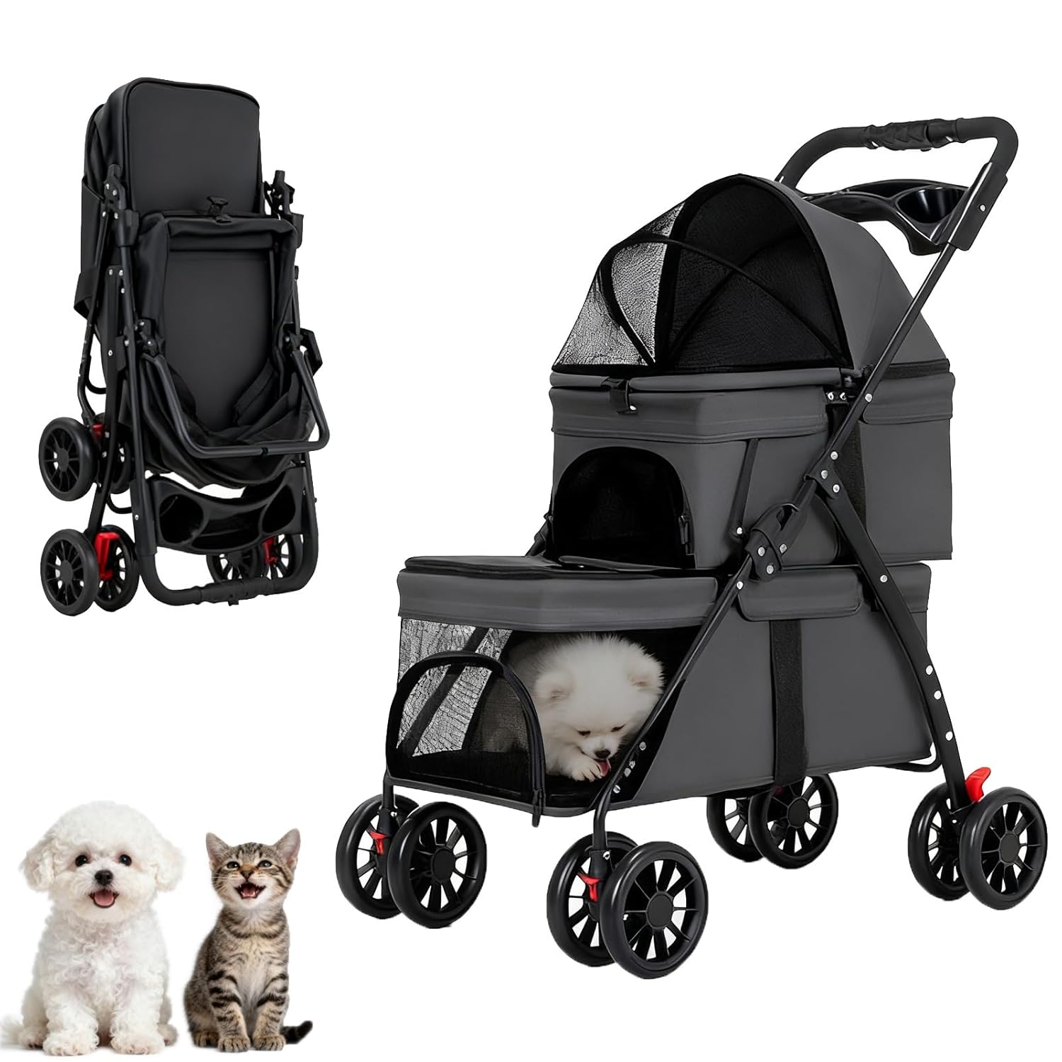 YYW Double Pet Stroller for Small Cats and Dogs, Foldable Kittens Puppies Travel Strolling Cart with 2 Carriages, Cup Holder & Lockable Wheels, Ideal for Multi-Pet Families(Black)