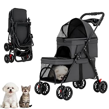 YYW Double Pet Stroller for Small Cats and Dogs, Foldable Kittens Puppies Travel Strolling Cart with 2 Carriages, Cup Holder & Lockable Wheels, Ideal for Multi-Pet FamiliesBlack
