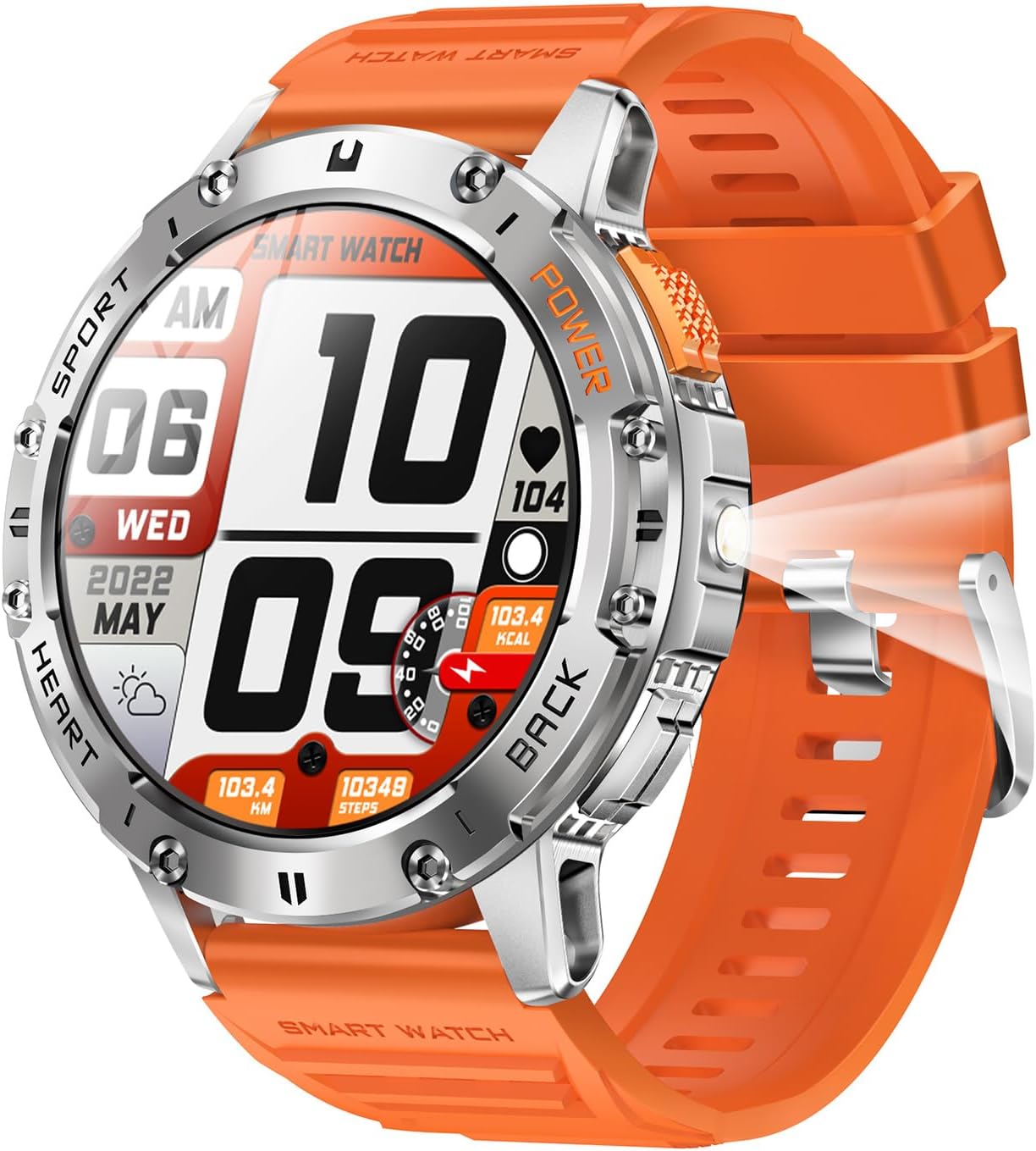 Sports Smart Watches for Men with LED Flashlight, Fitness Tracker Watch Outdoor, IP68 Waterproof Running Smartwatch for Android Phone, Digital Health Blood Pressure Heat Rate Sleep Monitor, Silver