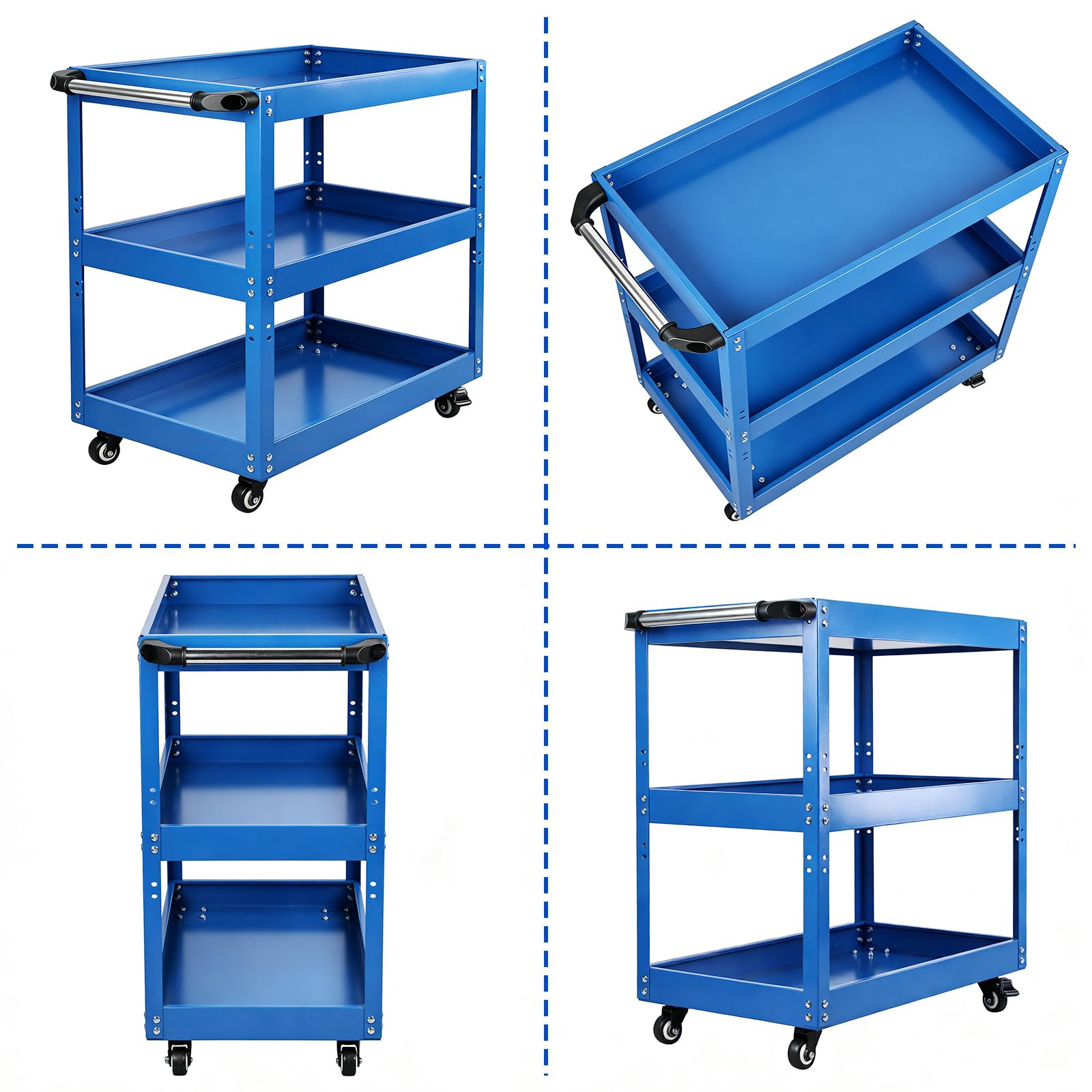 Edelstahl Rollwagen, 3-Etagen Schwerlast Werkstattwagen mit Rollen, Multifunktionaler Materialwagen, 66×35,5×72 cm Kommissionierwagen, Vielzweckwagen für Garage und Werkstatt, Blau,250 kg Gesamt