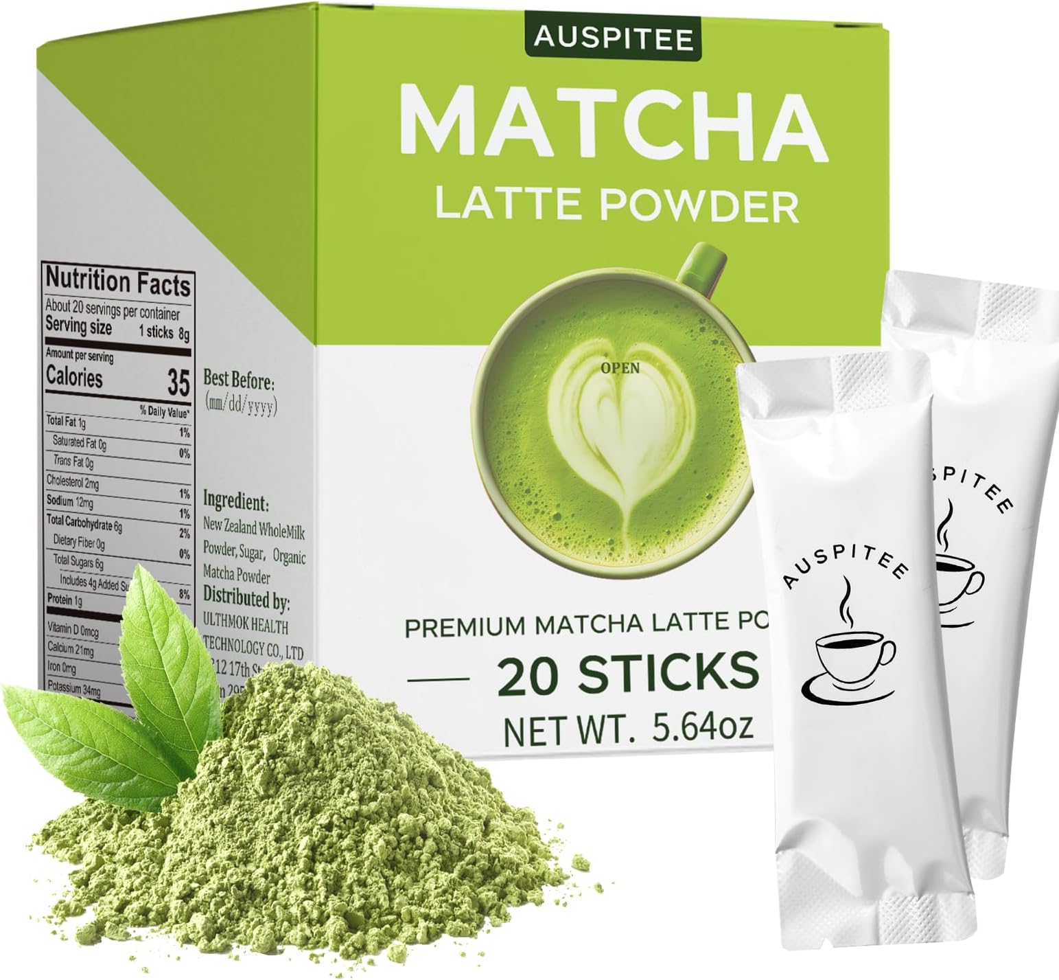 Matcha Latte Green Tea Powder Single Pack, Premium Barista Science Blend - Individual Matcha Bags (20)