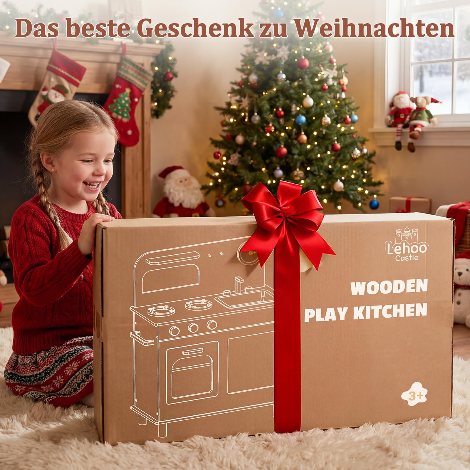 Lehoo Castle Kinderküche Holz, Spielküche mit Spielzeugtöpfen und -Pfannen, Kinder Küche mit Kochset, Puppenküche, Spielzeug ab 3 Jahre Mädchen Jungen