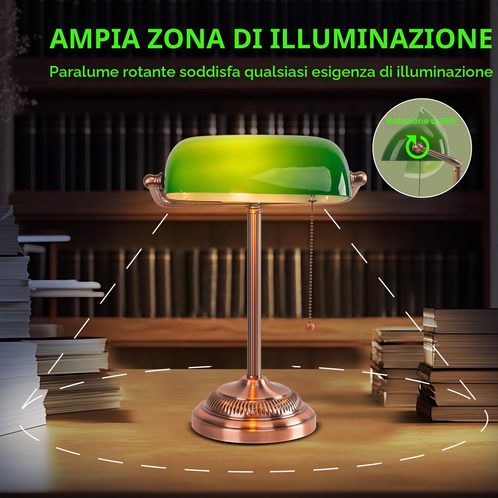 FIRVRE Lampada da scrivania banchiere in vetro verde, lampada da scrivania vintage con interruttore a catena, lampada da tavolo retrò per home office, biblioteca, pianoforte