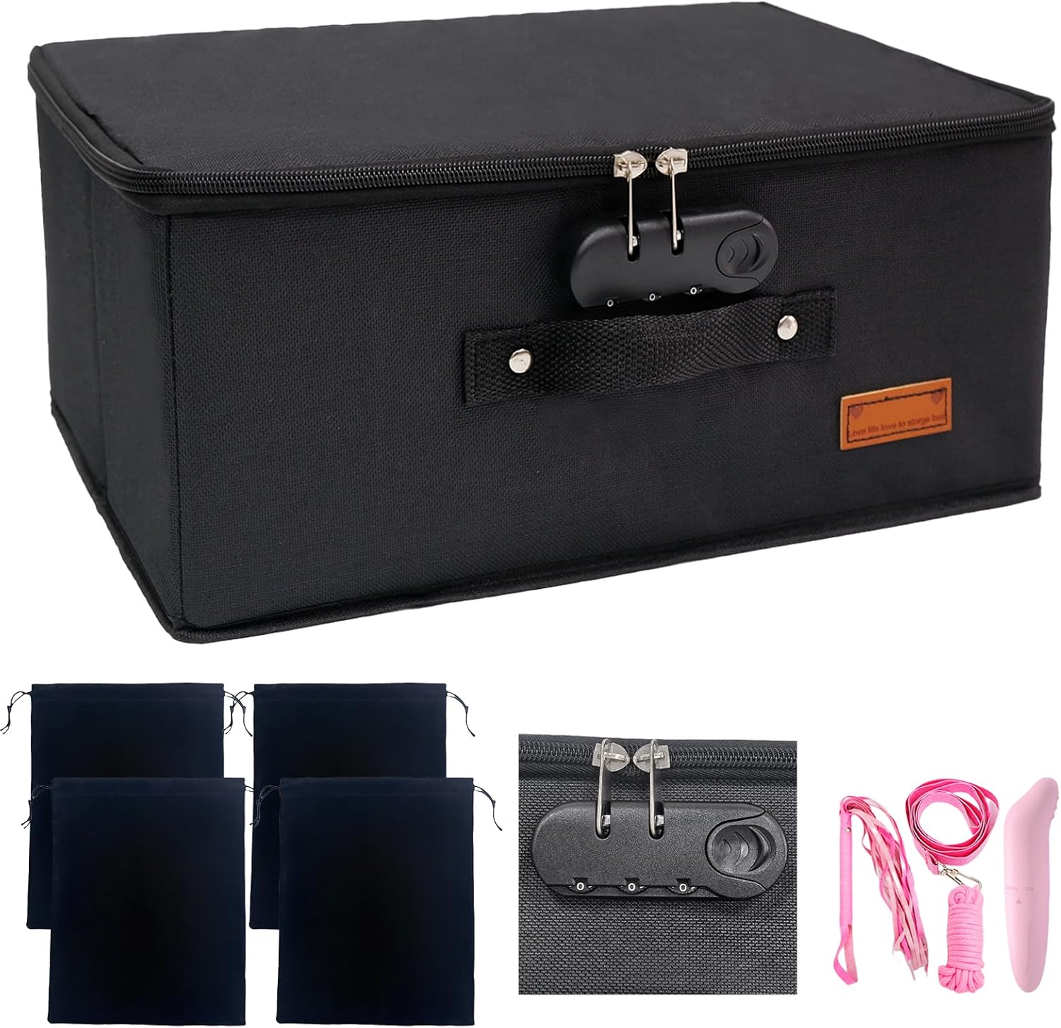 Locking Adult Game Toy Storage Organizer Lock Box Toy Storage Bins Game Toys Storage Bags with 4 Drawstring Bags, Large capacity 16 x 11.8 x 8.2 Inches (Matte Black)