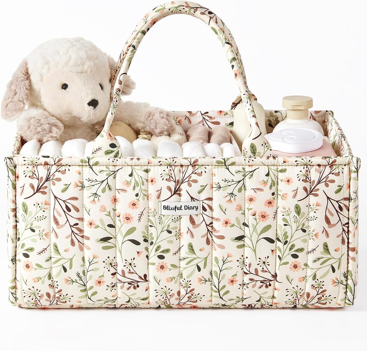 Blissful Diary Floral Diaper Caddy Organizer Storage Basket, Pastoral Daisy | Portable Storage Basket with Removable Dividers, Gift for Baby Shower, Newborn Boy & Girl Essentials, Baby Registry Must Have
