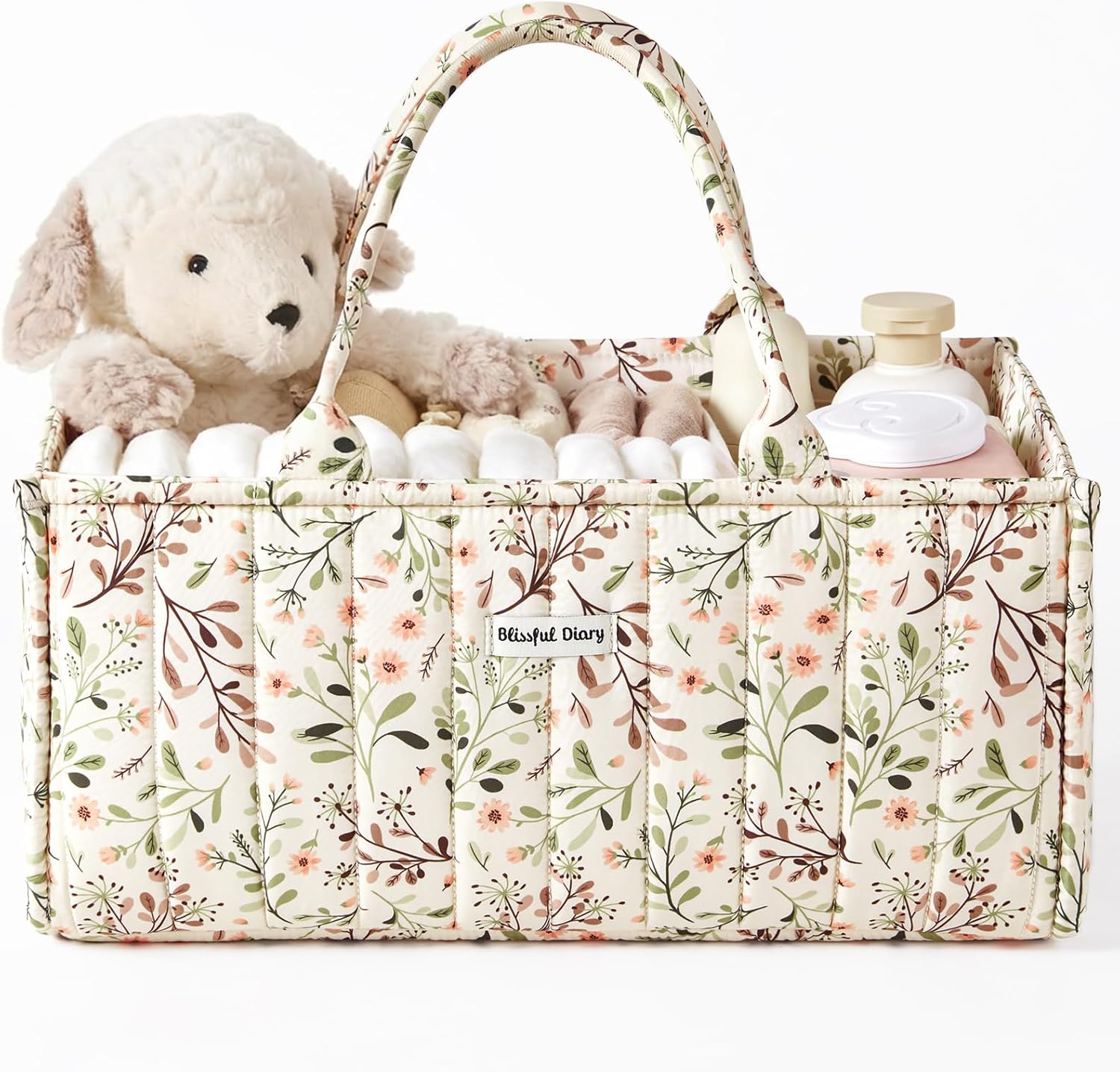 Blissful Diary Floral Diaper Caddy Organizer - Stylish Pastoral Daisy Nursery Basket, Portable Baby Essentials Storage, Baby Shower Gift
