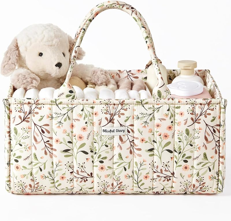 Blissful Diary Floral Diaper Caddy Organizer Storage Basket, Pastoral Daisy | Portable Storage Basket with Removable Dividers, Gift for Baby Shower, Newborn Boy & Girl Essentials, Baby Registry Must Have