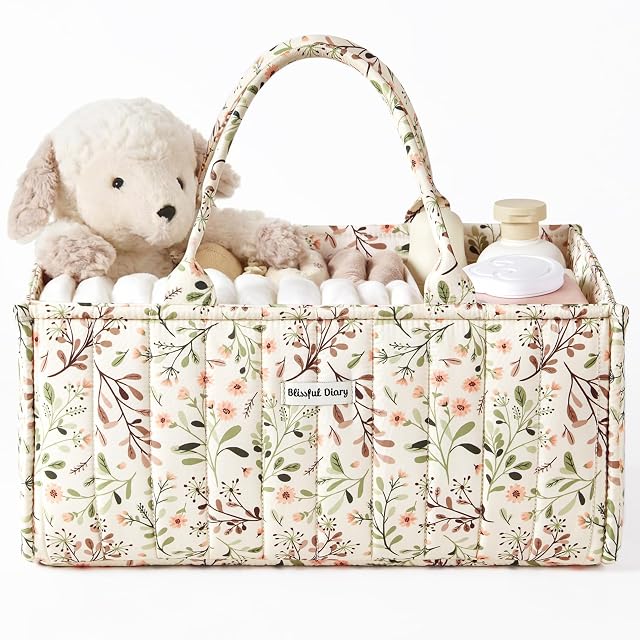 Blissful Diary Floral Diaper Caddy Organizer Stylish Nursery Storage Basket Diaper Bag Gift for Baby Shower Baby Registry