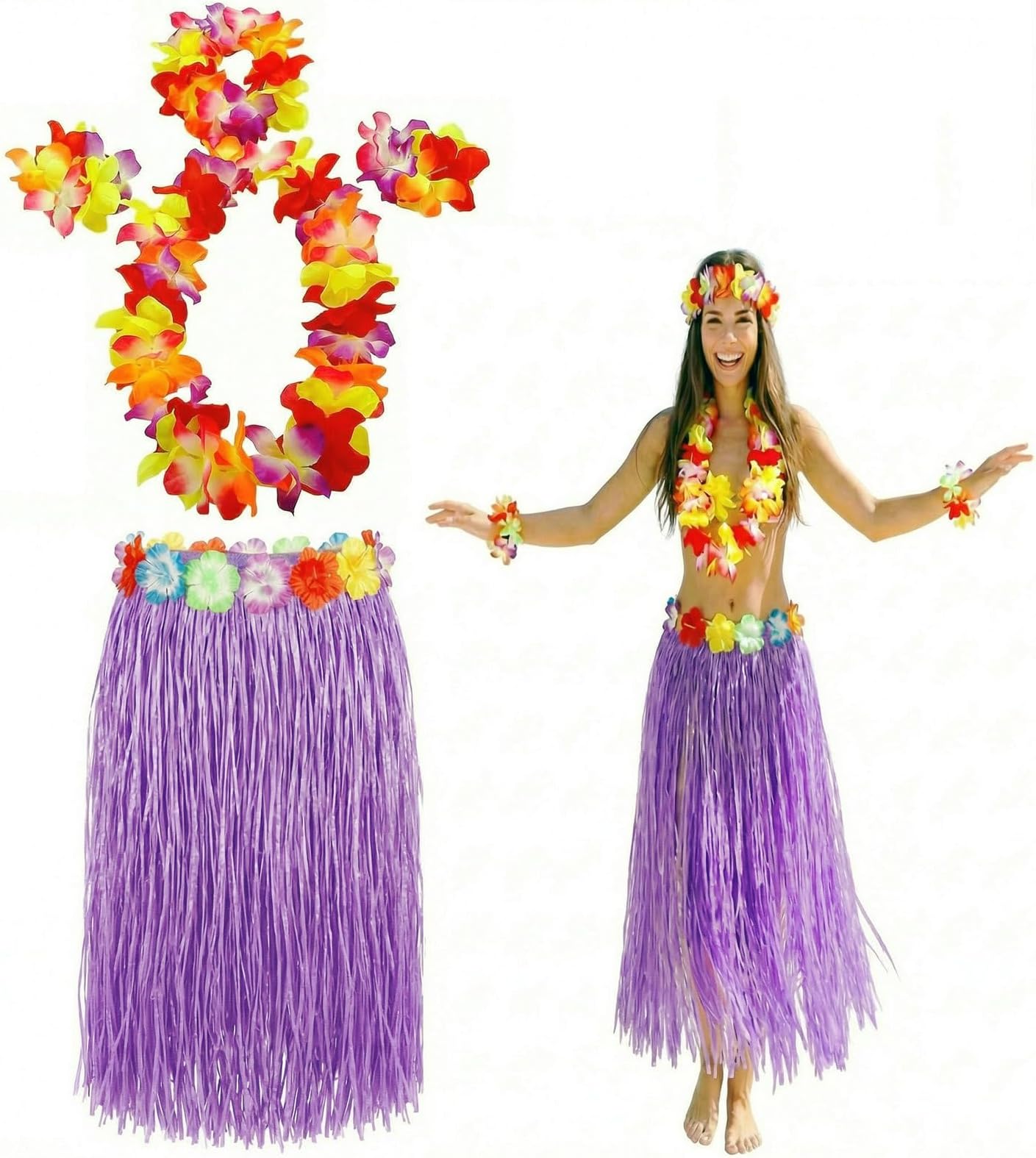 JEKANEL Adult Grass Skirt for Luau Party Hula Luau Skirt with Flower Leis for Hawaiian Party Decorations