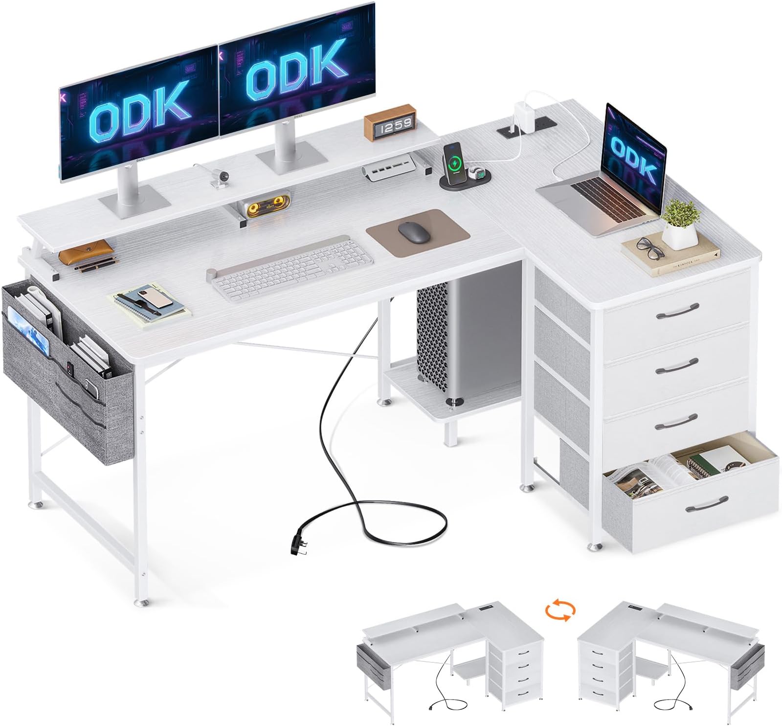 Corner Desk with Drawers, L Shaped Computer Desk 140x80cm with USB Charging Port & Power Outlet, Home Office Desk with Monitor Stand and PC Stand, Gaming Desks Workstations, White