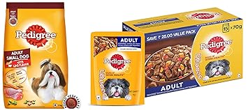 Pedigree Adult Wet Dog Food, Grilled Liver Chunks Flavour in Gravy with Vegetables, 15 Pouches ( 15 X 70 g ) & Adult Small Dog Dry Food, Lamb & Veg Flavour ? 3 kg Pack