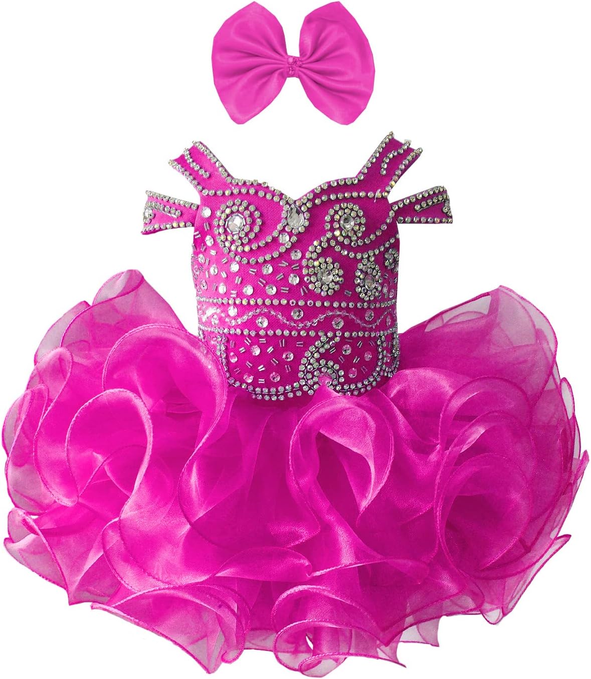 Baby Girl's Crystal Off The Shoulder Glitz Cupcake Pageant Dresses Princess Birthday Party Tutu Ball Gowns 5 Fuchsia