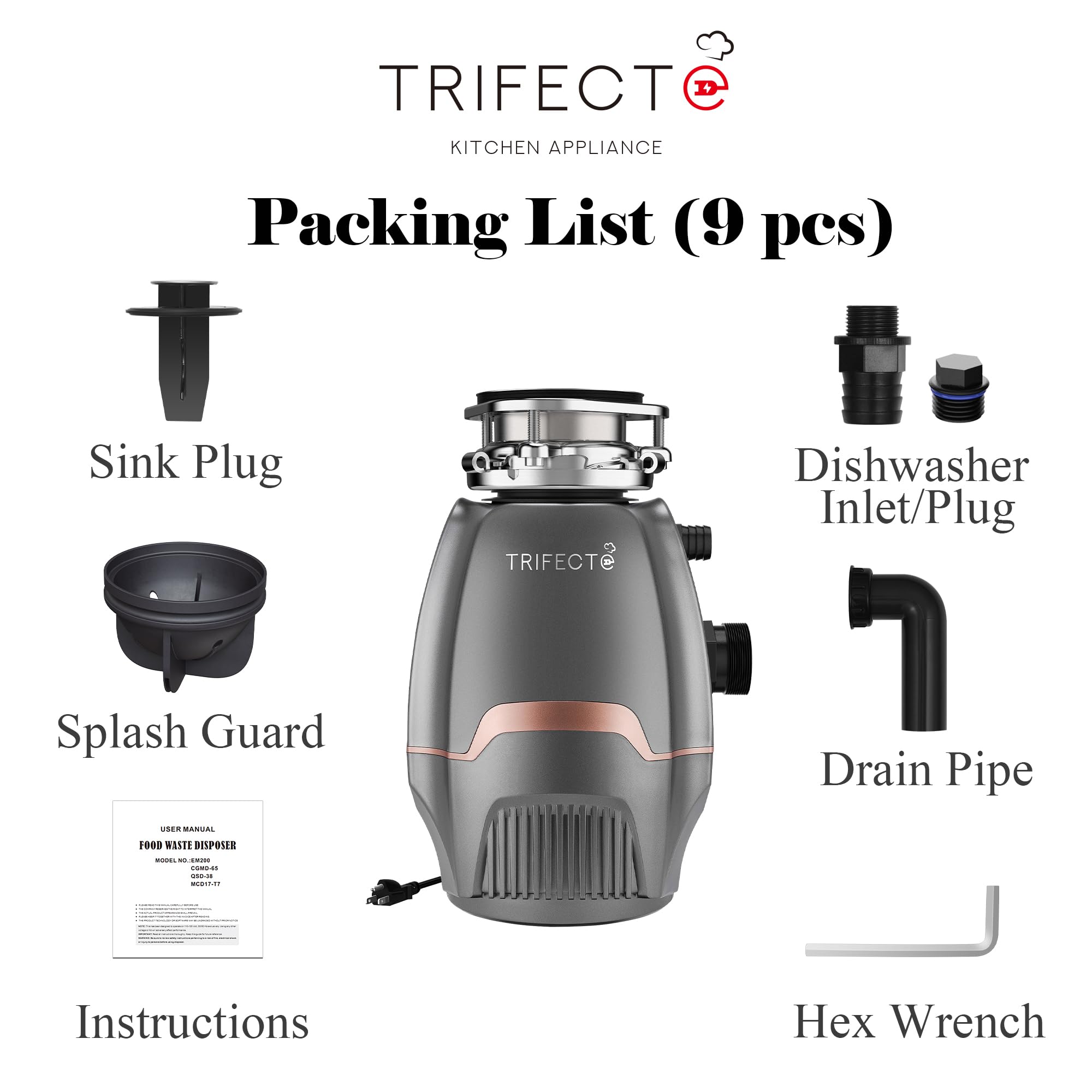 Trifecte Pro - Triturador de basura de 3/4 HP con reducción de sonido, eliminación de residuos de alimentos con cable de alimentación, gancho para lavavajillas