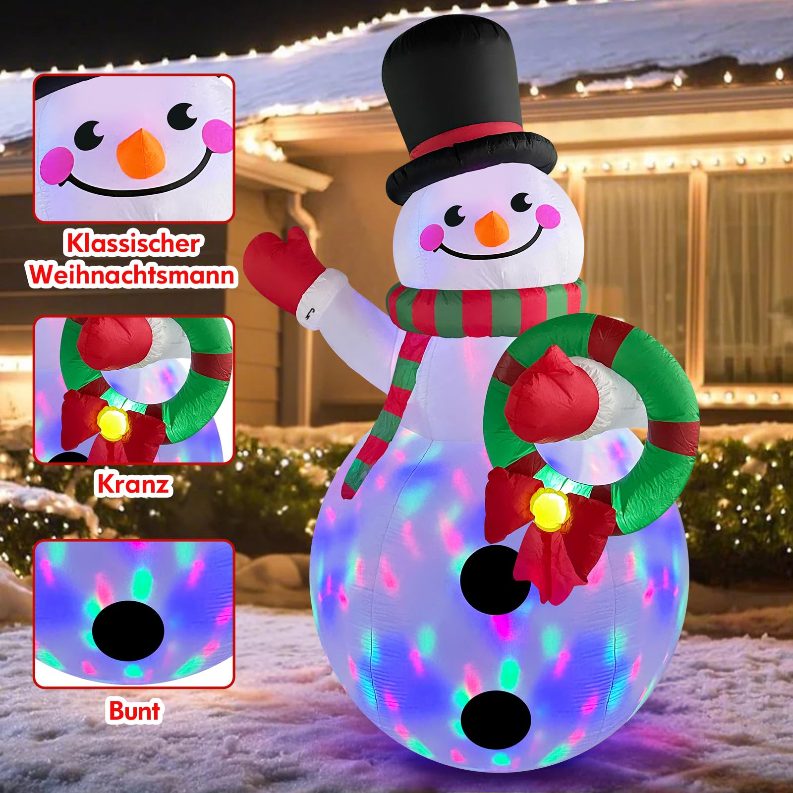 1,83M Muñeco de Nieve Navideño Inflable con Luces LED Giratorias de Colores