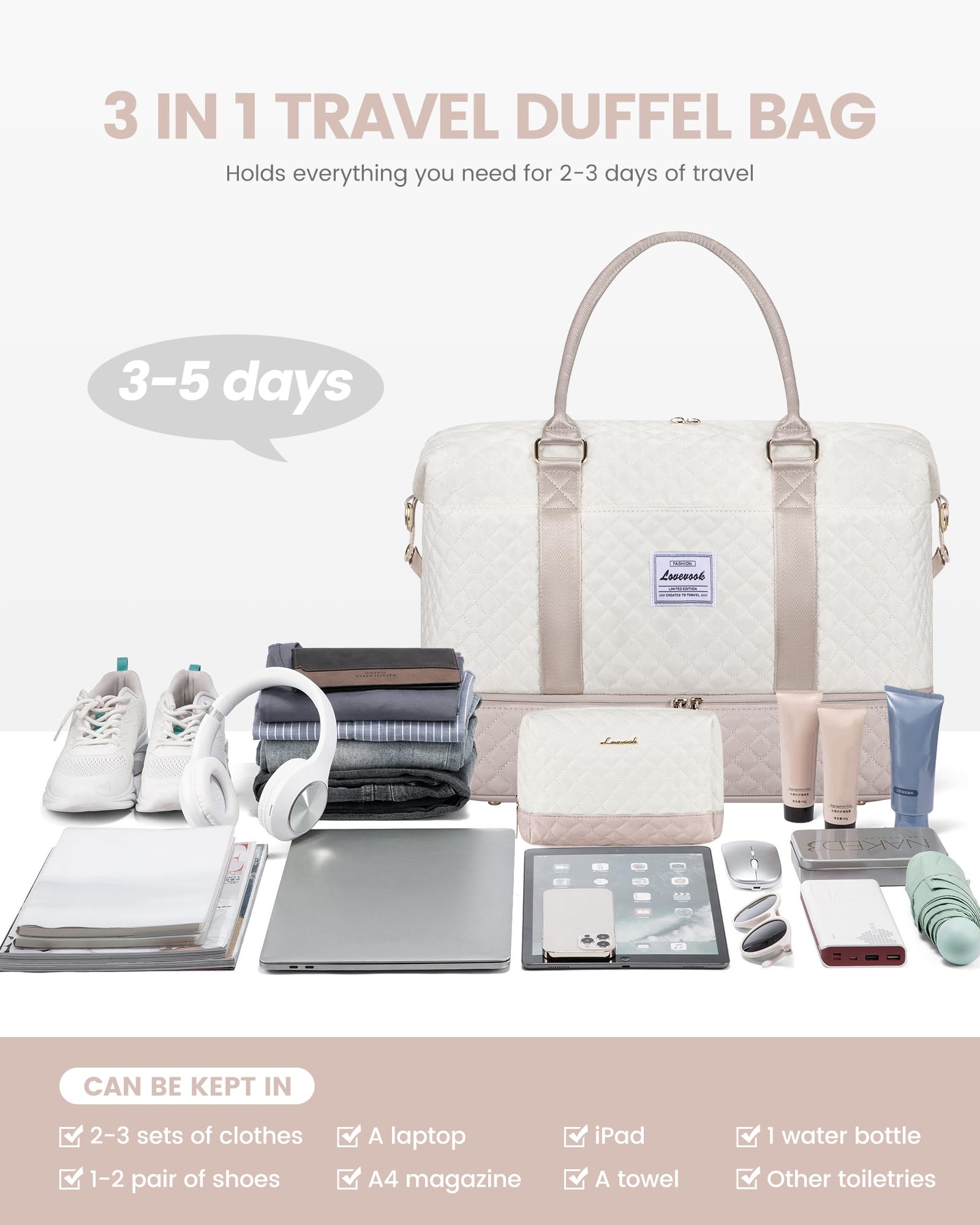 LOVEVOOK Reisetasche Damen Groß Sporttasche mit Schuhfach Handgepäck Tasche für Flugzeug Weekender Travel Duffle Cabin Bag Women Carry On Luggage Kliniktasche Geburt Set für Gym Strand Sauna Camping