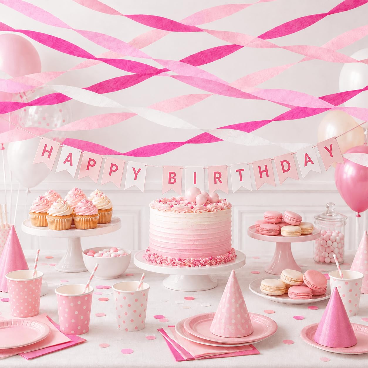 Stelle filanti di carta crespa rosa e bianca (5 rotoli) – rosa acceso, rosa pastello, rosa chiaro, diverse tonalità di stelle filanti per decorazioni rosa, addio al nubilato, principessa coquette