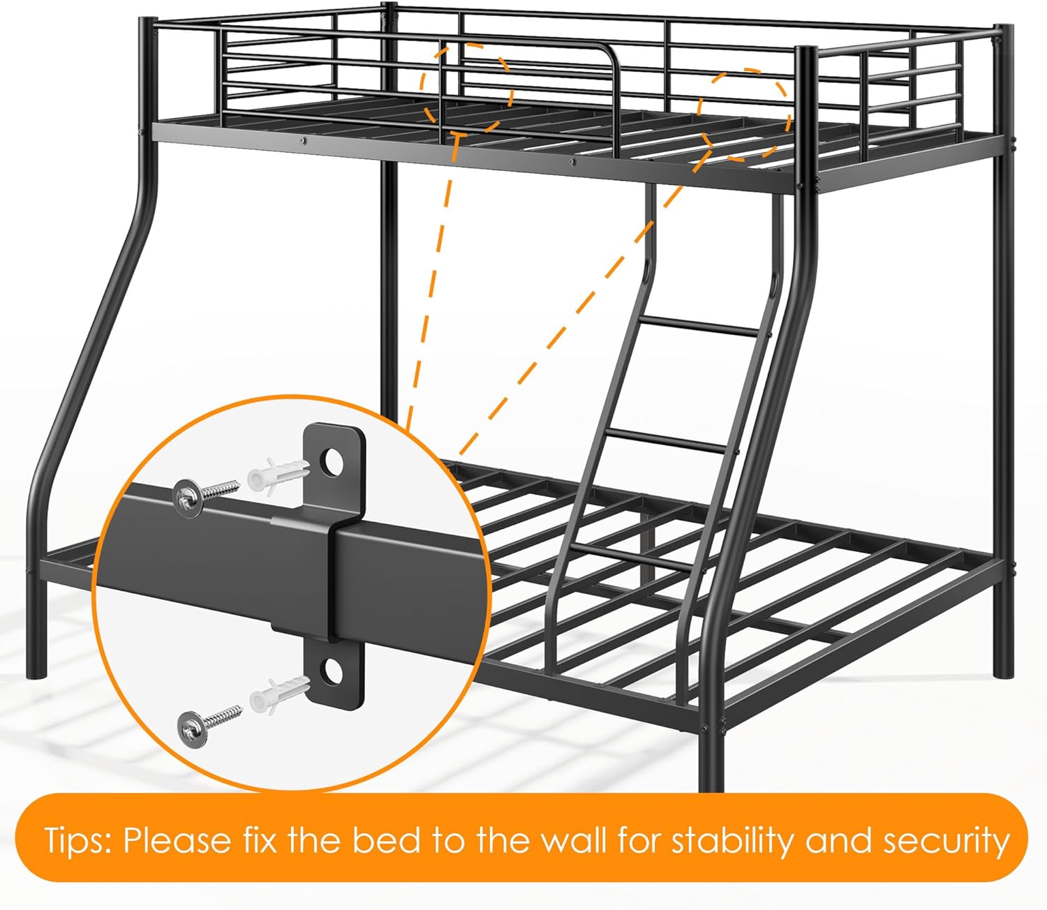 Metal Bunk Beds Twin Over Full Size with Safety Guardrai and Angled Ladder, Sturdy Material & Space Saving for Teens and Adults Bedrooms and Dorm, Noiseless No Box Spring Needed, Black