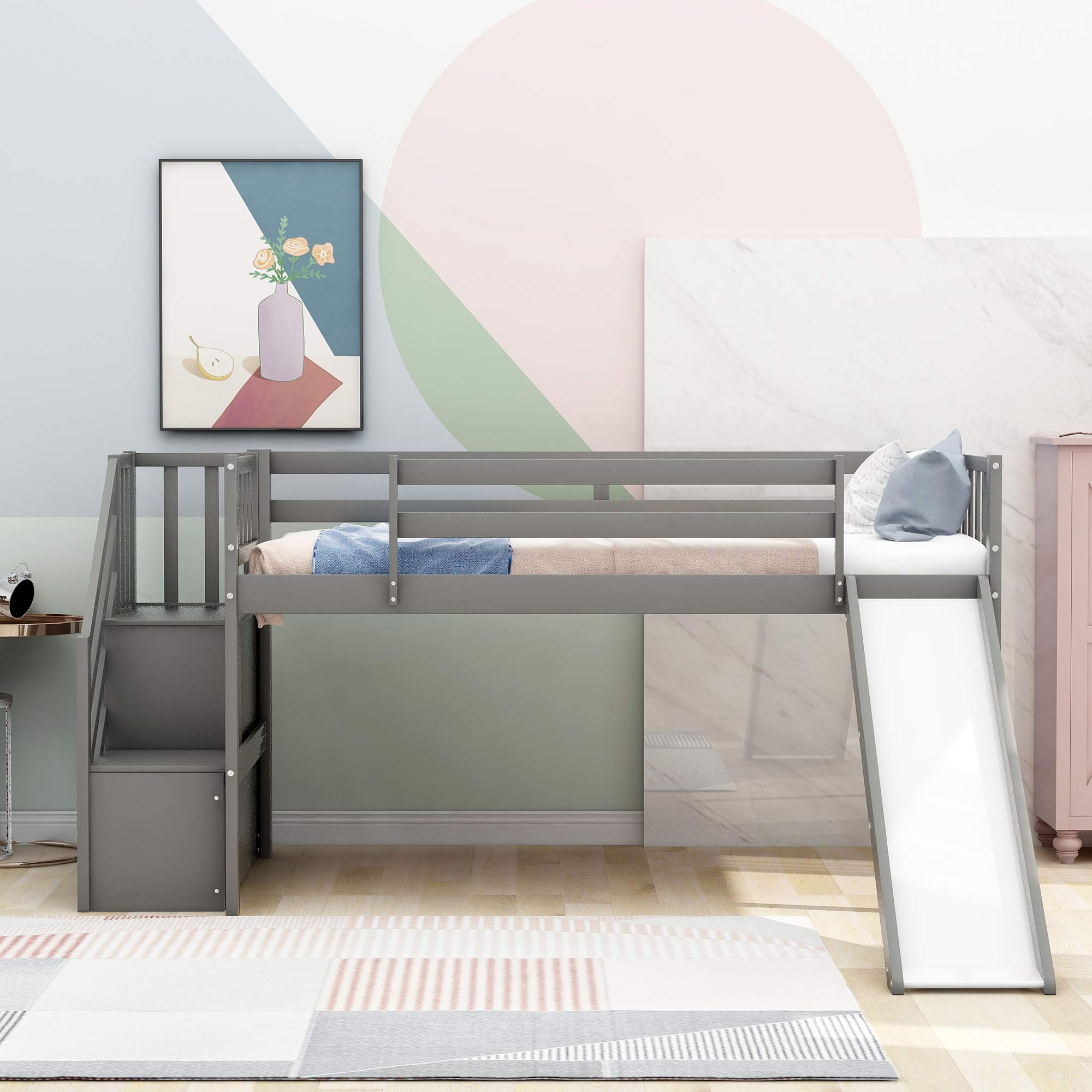 Kids Low Loft Bed with Slide and Storage Twin Loft Bed Frame with