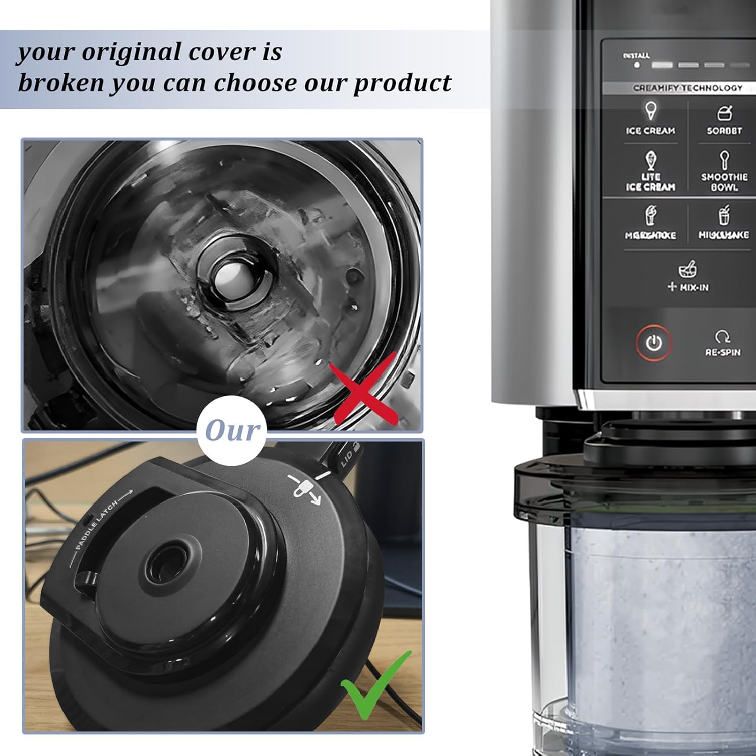 For Ninja Ice Cream Maker Outer Bowl Lid Compatible with Ninja NC299AMZ/NC301/NC300/NC201/NC101 Series,Replacement ninja blender top replacement lid (NO Paddle)