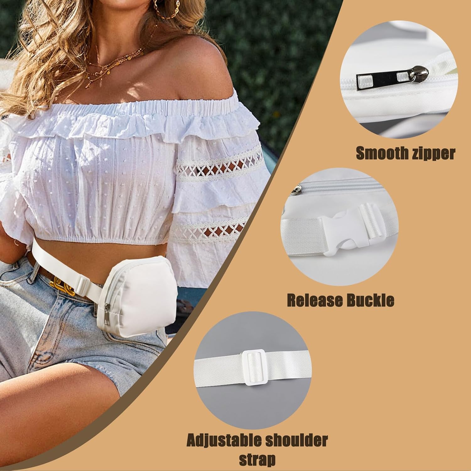 FuninCrea Small Fanny Packs for Women, Waterproof Nylon Chest Bag with Adjustable Strap, Fashionable Waist Bag With Zipper Pockets for Cycling Running Traveling Hiking (White,S)