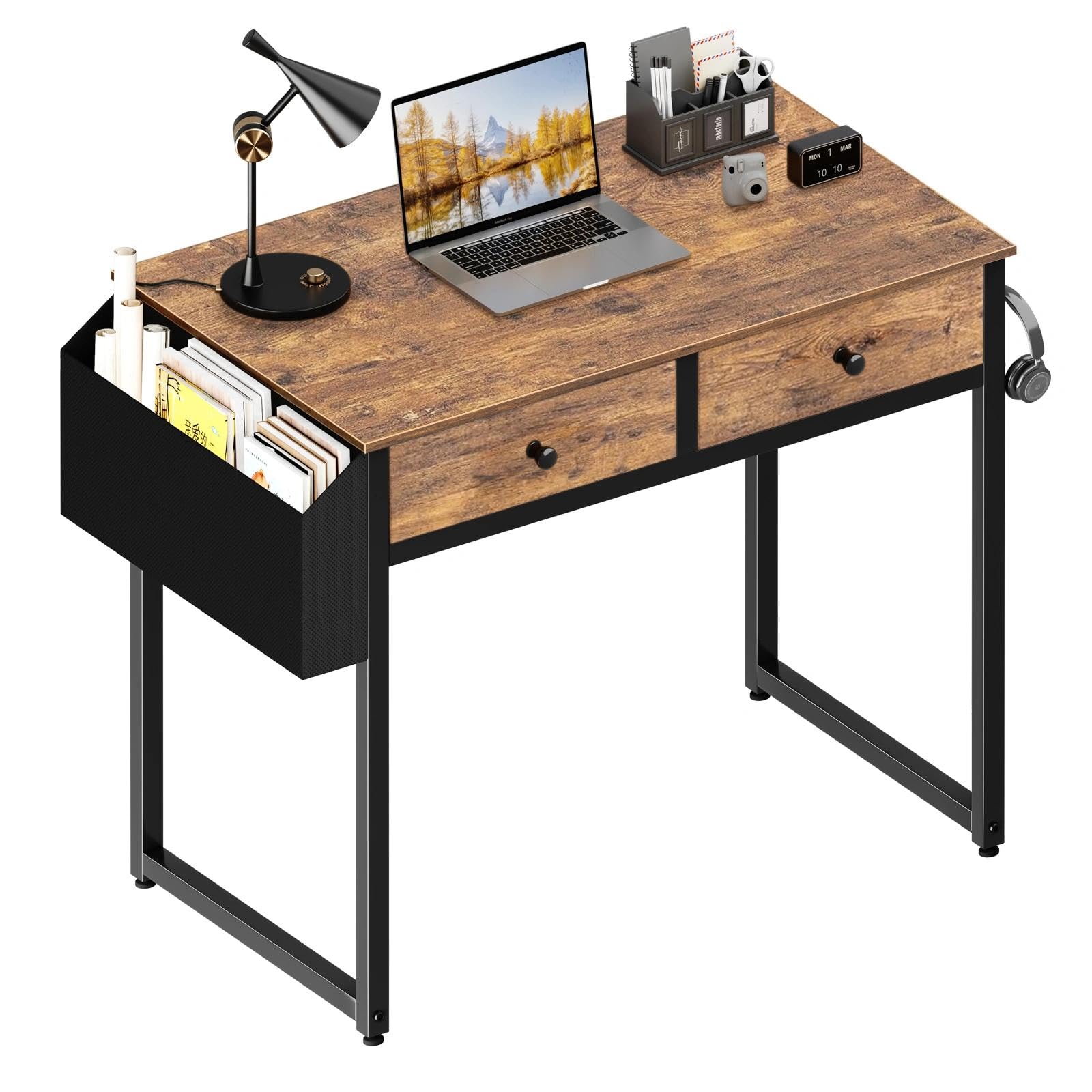 Lufeiya Small Computer Desk with 2 Drawers for Bedroom, 31 Inch Home Office Desk with Storage Fabric Drawer and Bag, Study Writing Table for Small Spaces, Rustic BrownThe Forest Stewardship Council