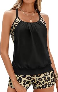 Blouson Tankini Swimsuits for Women - Two Piece Tummy Control Bathing Suit with Shorts Modest Swimwear
