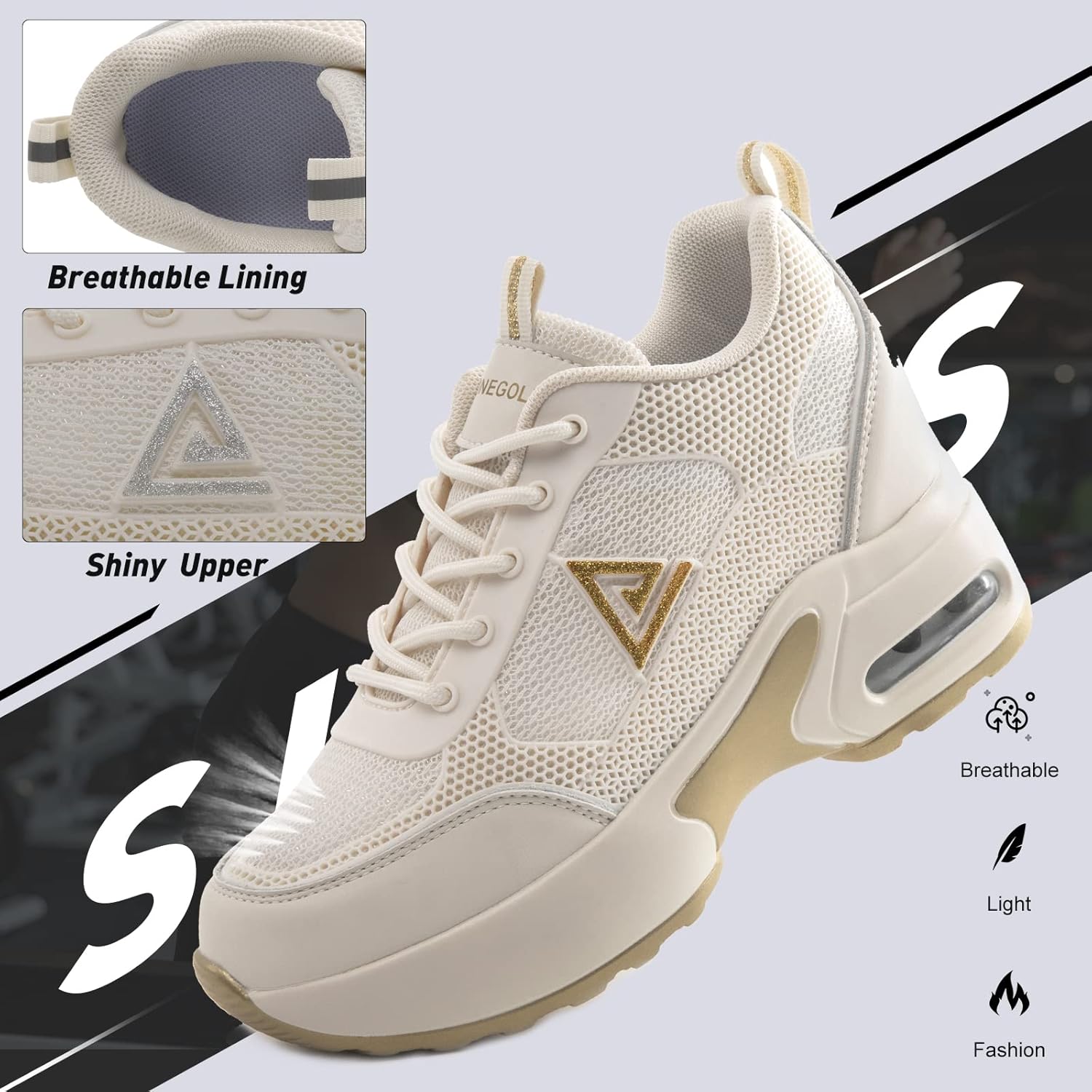 AONEGOLD Women's Wedge Sneakers Inner Heightening Walking Shoes Fashion Breathable Lightweight Air Cushion Casual Sneakers(Beige Gold,Size 10)