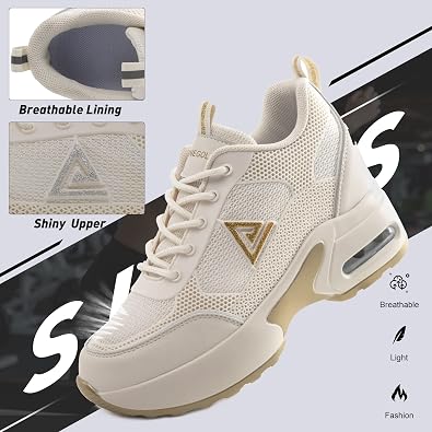 AONEGOLD Women's Wedge Sneakers Inner Heightening Walking Shoes Fashion Breathable Lightweight Air Cushion Casual Sneakers(Beige Gold,Size 9.5)