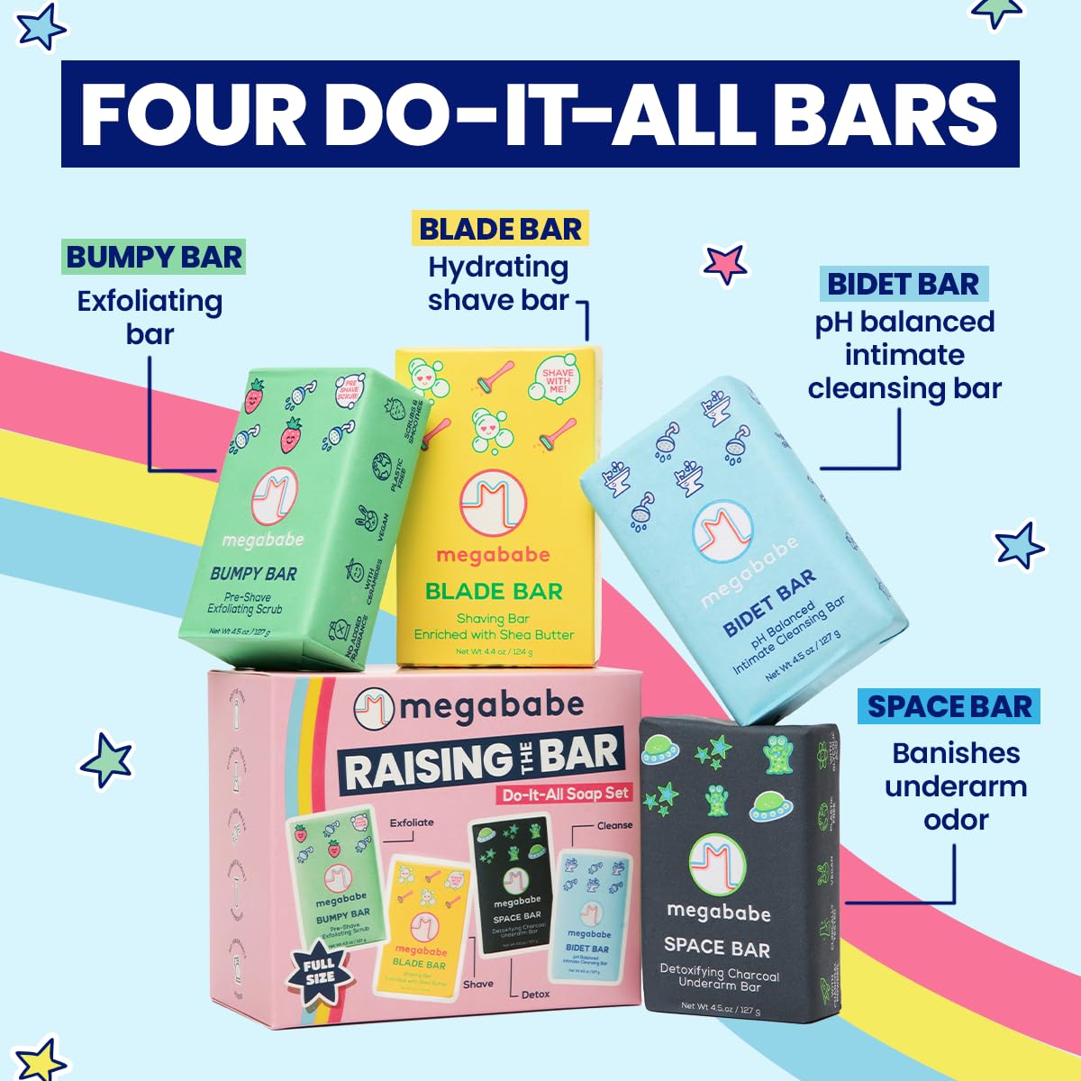 Megababe Raising the Bar Do-It-All Soap Set | Includes Space, Bidet, Bumpy, & Blade Bars
