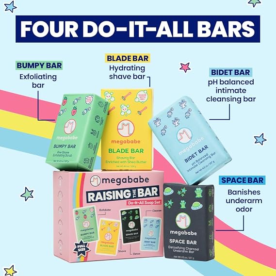 Megababe Raising the Bar Do-It-All Soap Set | Includes Space, Bidet, Bumpy, Blade Bars