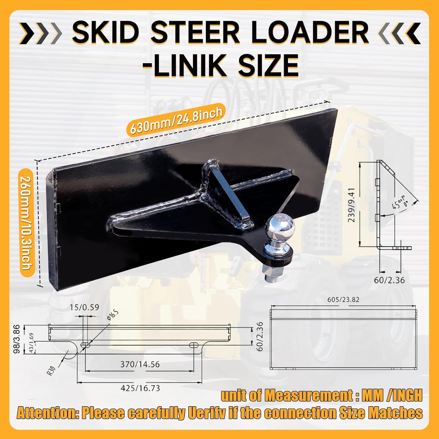 Receiver Hitch Mount Plate for Mini Skid Steer Attachments, with Bolts, Loaders Trailer Hitch Receiver, Universal Fit for Most Mini Skid Steers, Ideal for Hauling, Farming & Construction