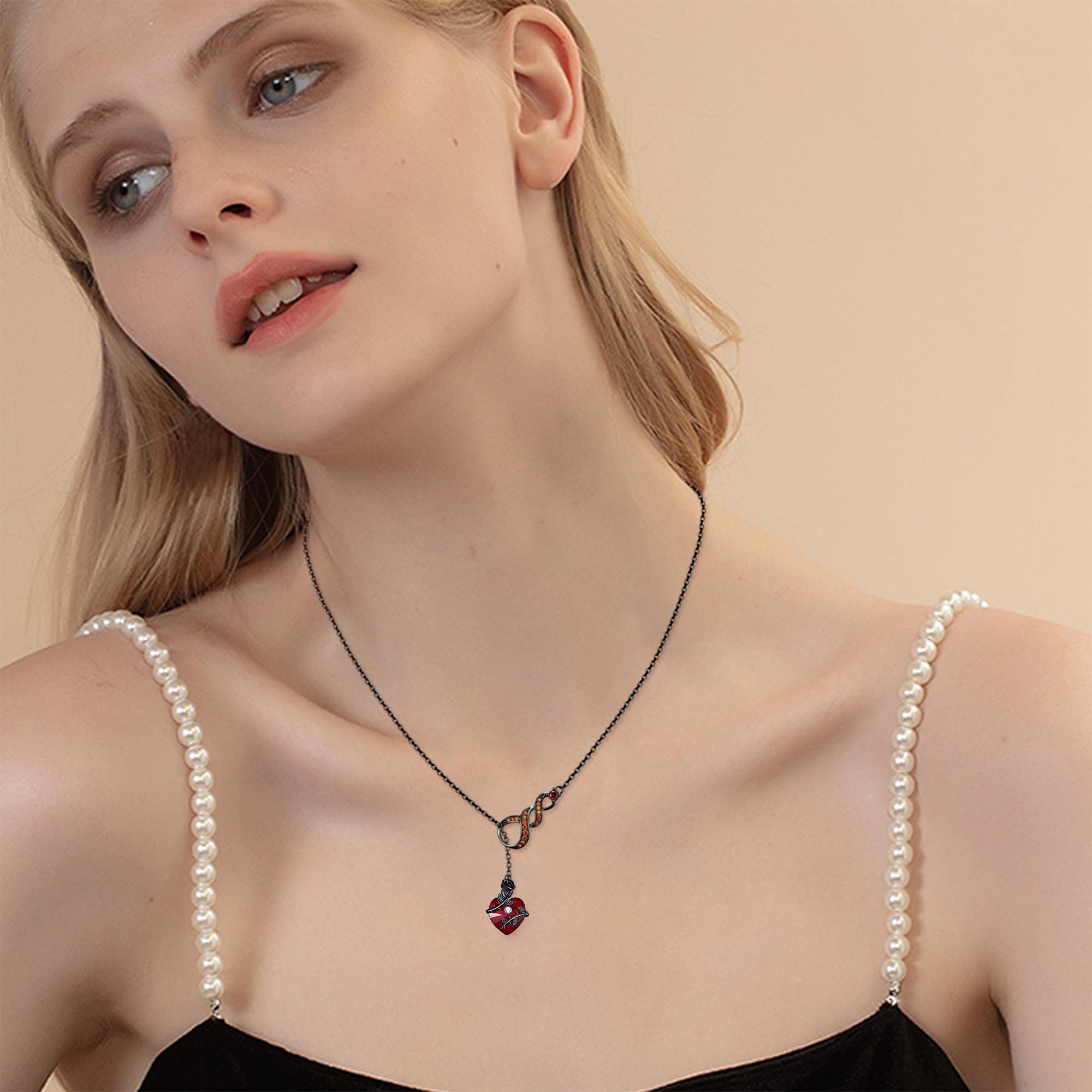 DAYLINLOVE Schwarze Rose 925 Sterling Silber Gothic Rot Herz/Kreuz Anhänger Halskette Goth Rose Schmuck Geschenk für Damen Mädchen Frauen Mutter