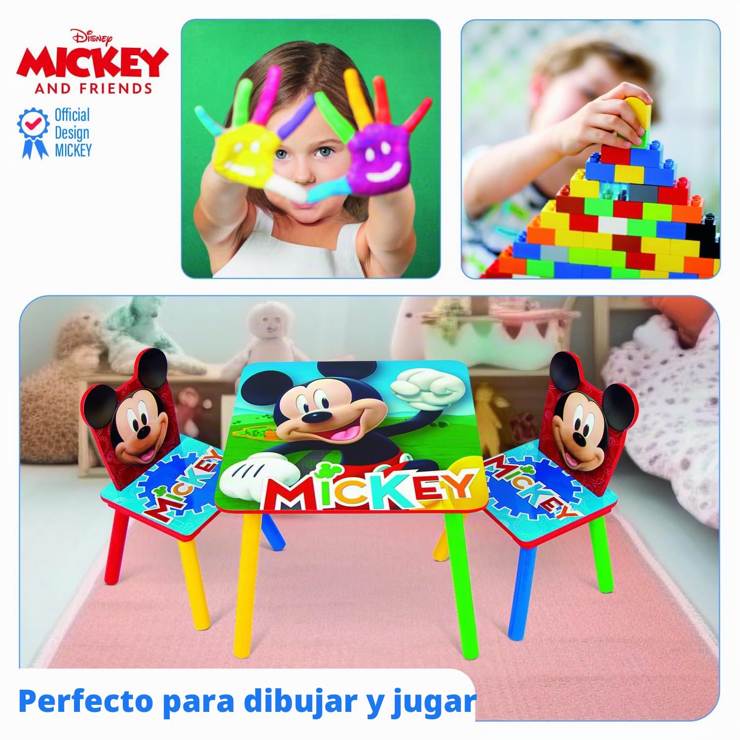 ARDITEX - Set de Mesa y 2 Sillas Infantiles de Madera - 50x50x44 cm y 26,5x26,5x50 cm - Ideal para Jugar, Pintar y Hacer Manualidades - Licencia Oficial Mickey Mouse