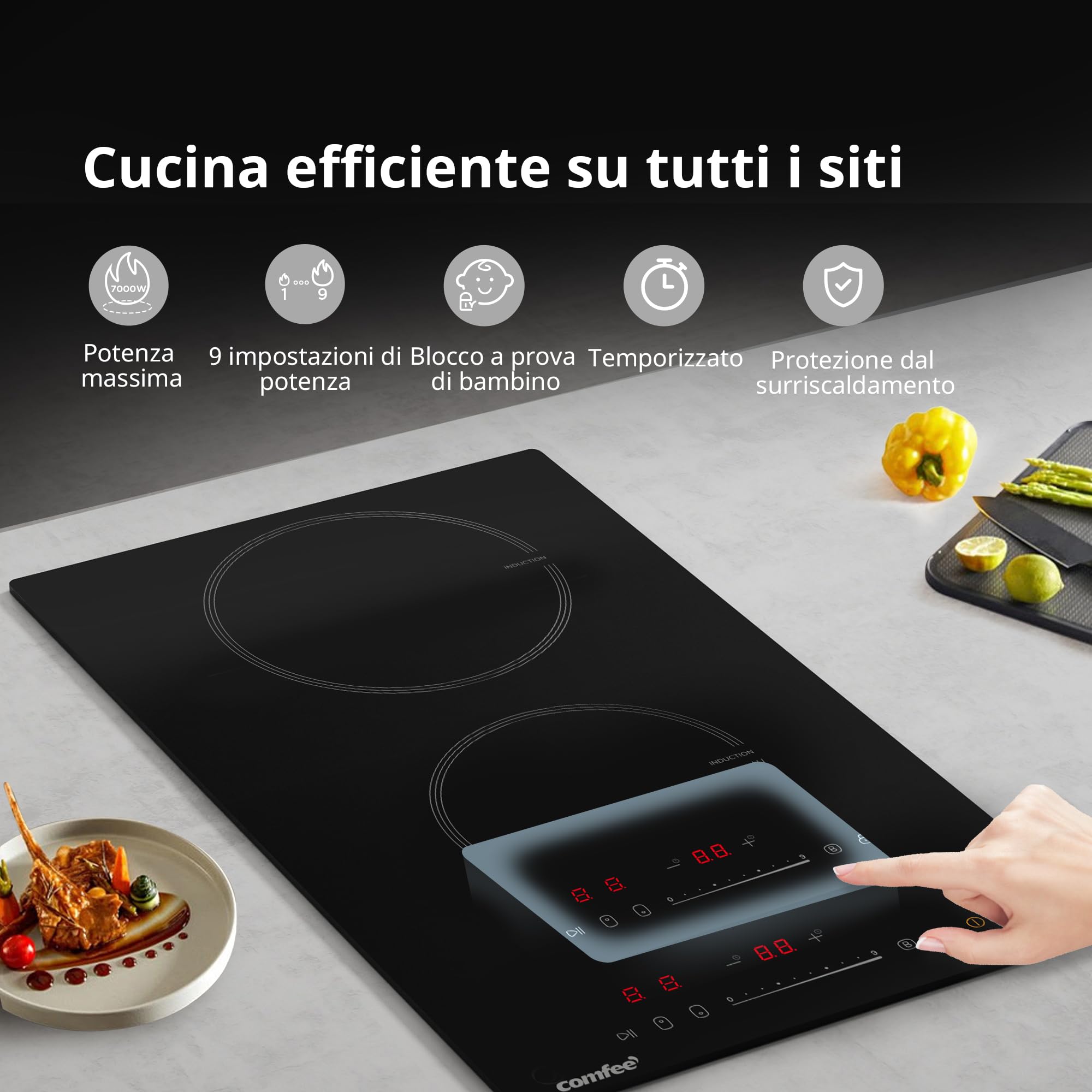 COMFEE' Piano Cottura a Induzione a Incasso con 2 Zone di Cottura Piani Cottura in Ceramica, Cablaggio, Touch Control, Spegnimento Automatico, Chiusura a Prova di Bambino