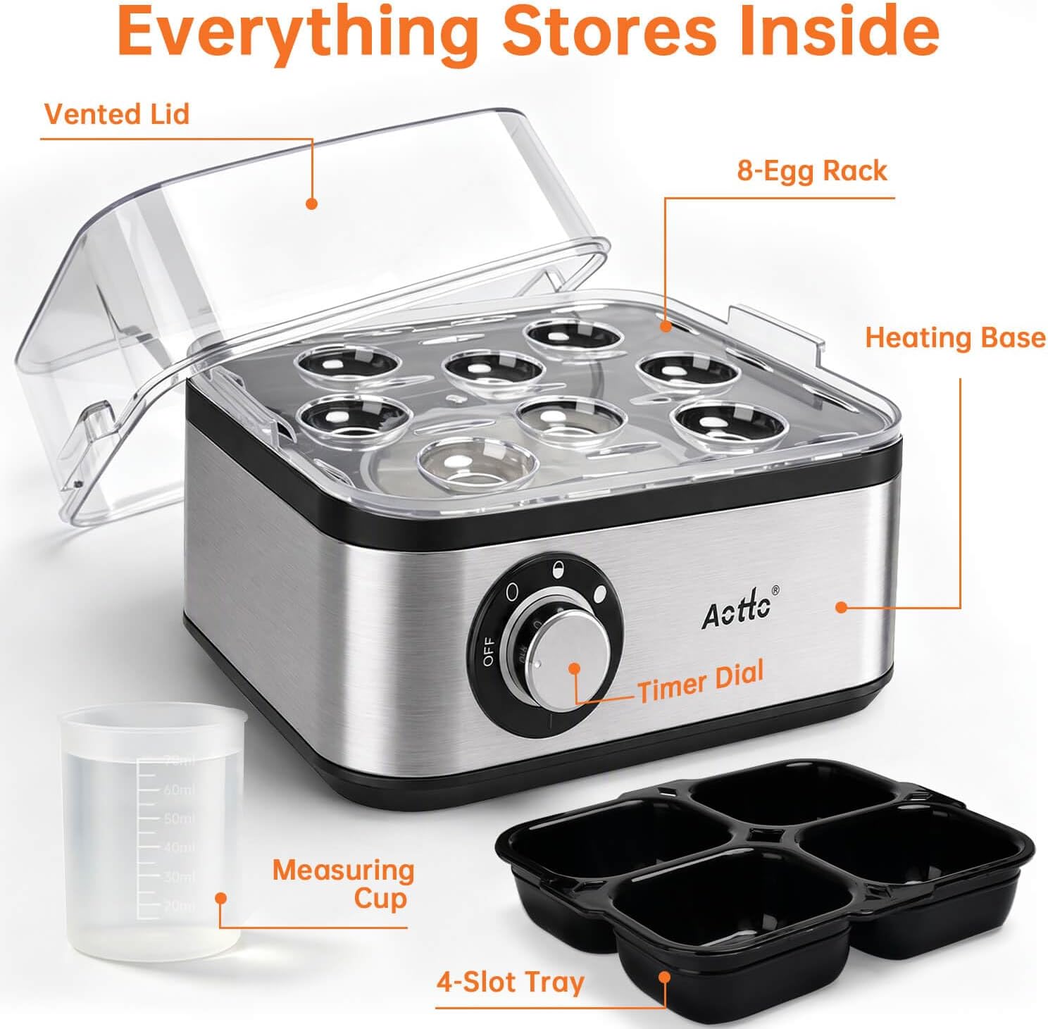 Aotto Rapid 8-Egg Cooker, 3 Doneness Levels, Stainless Steel, Auto Shut-Off