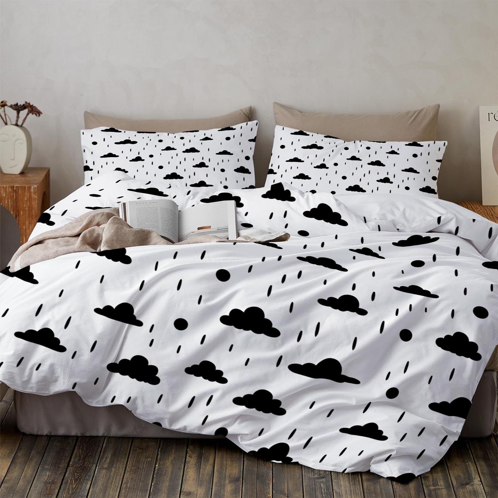 Housse de couette 140x200cm art abstrait blanc, ensemble literie avec taies d'oreiller 65x65cm